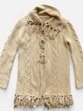 Beige Fringe Knit Cardigan Sweater